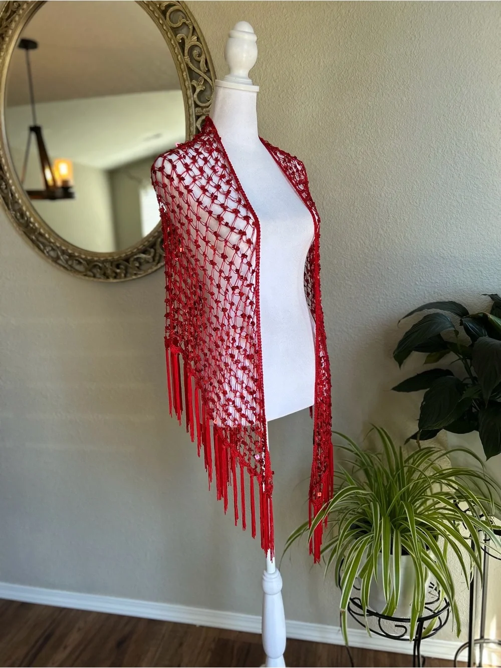 Handmade Red Crochet Fringe Shawl